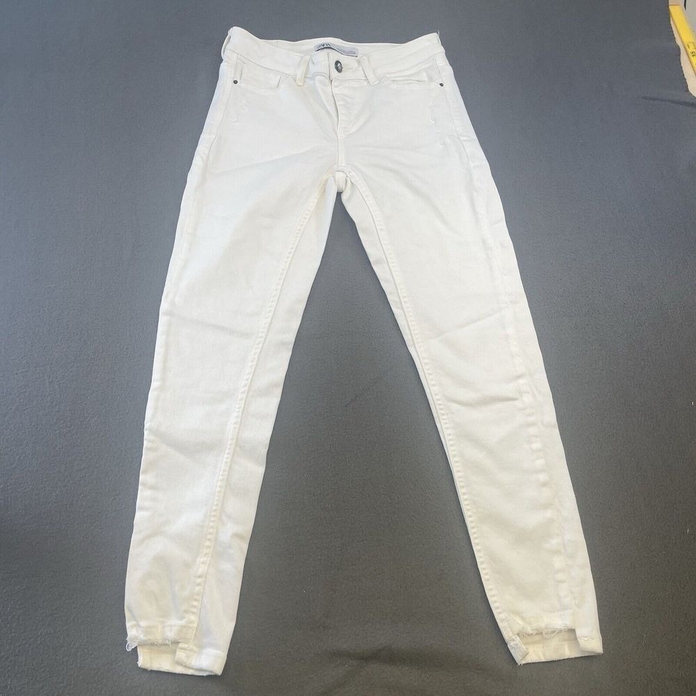 Zara Women Skinny Jeans White Stretch Raw Hem Size 4 Minimalist Summer Denim